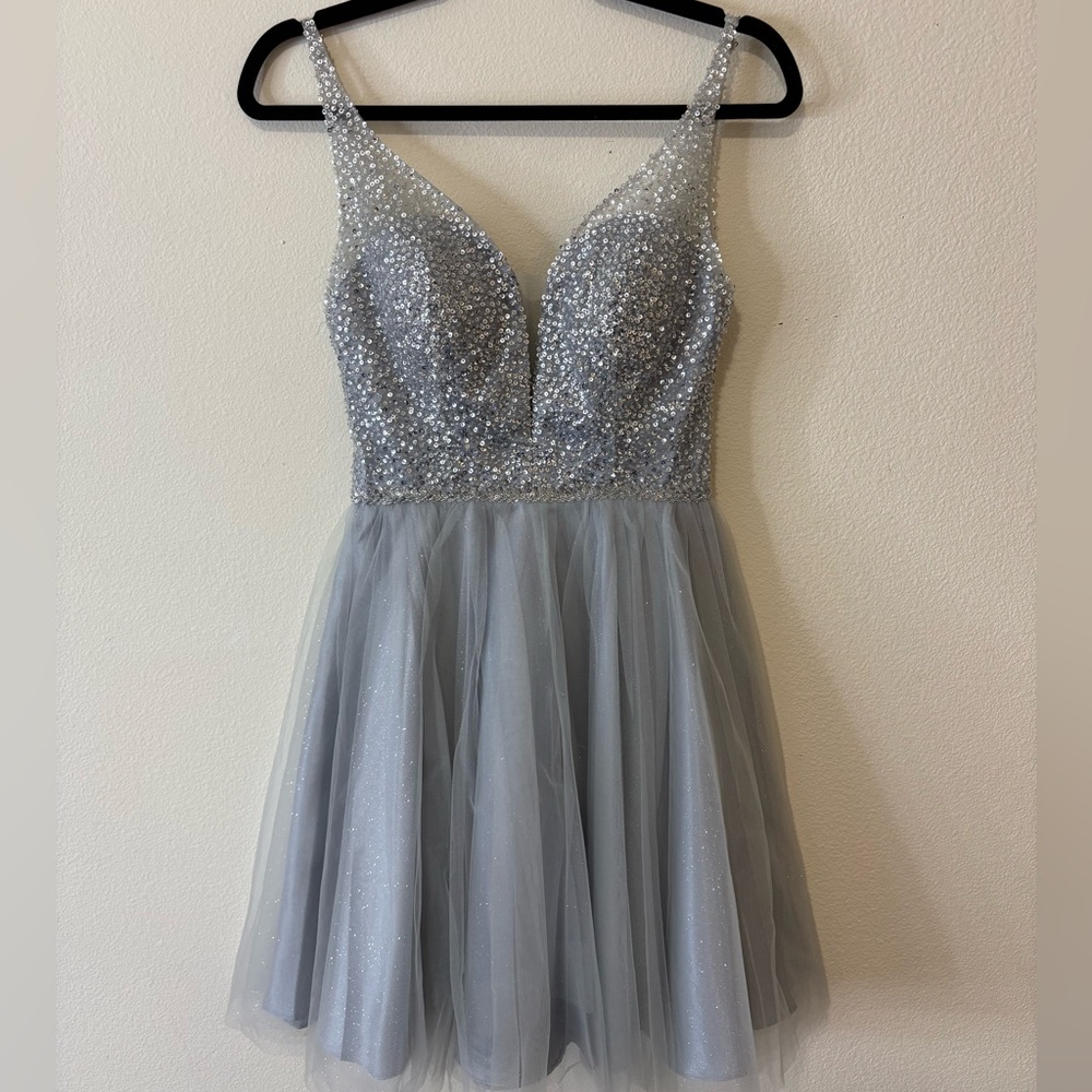 May Queen Couture Silver Tulle Mini Dress With Beaded Bodice